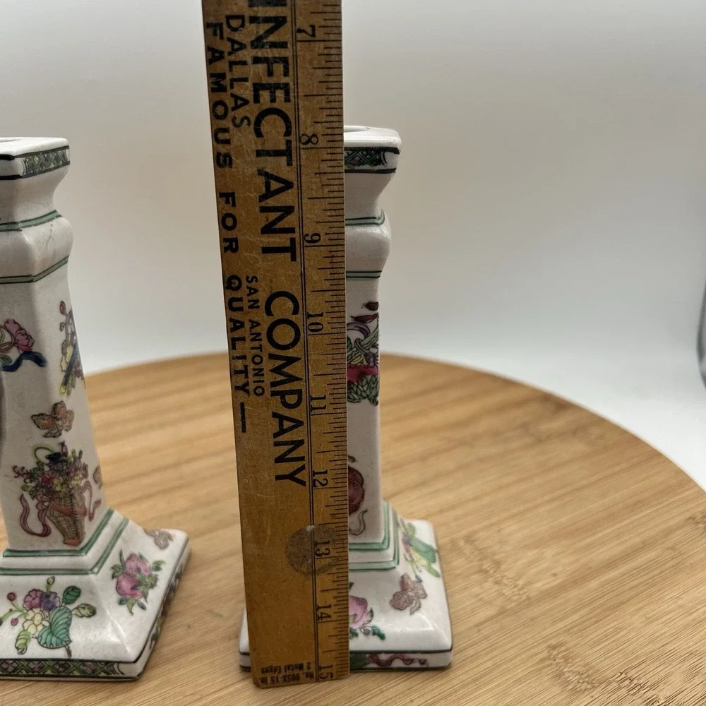 Pair Chinese Porcelain Candle Holders Famille Rose Style Square Base Vintage‎
